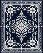 Dark Blue White Floral Medallion Rug