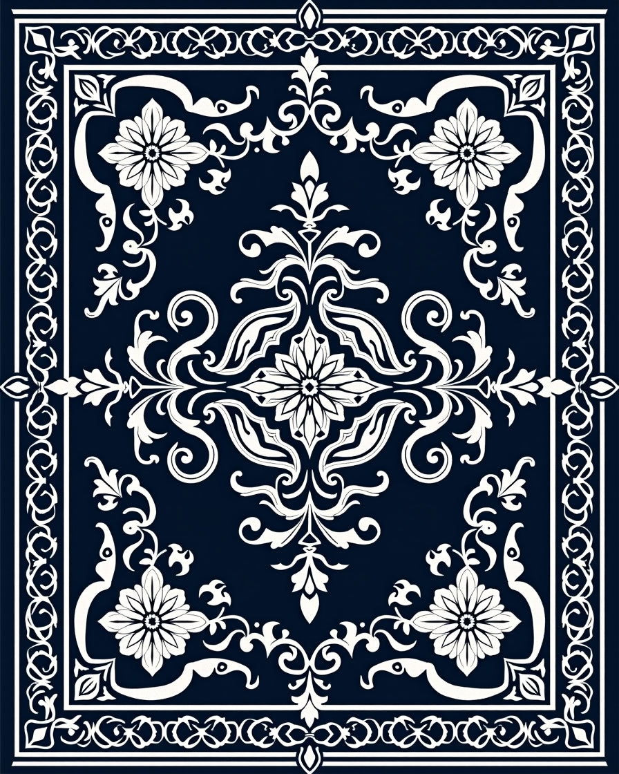 Dark Blue White Floral Medallion Rug