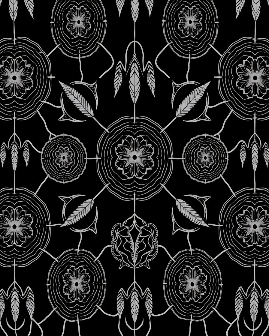 Monochrome Floral Feather Medallion Rug