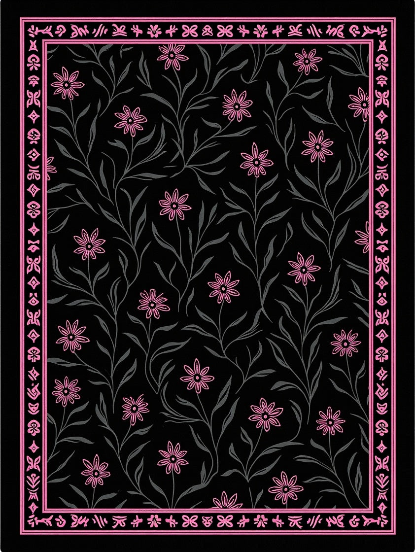 Pink Floral Vine Black Garden Rug