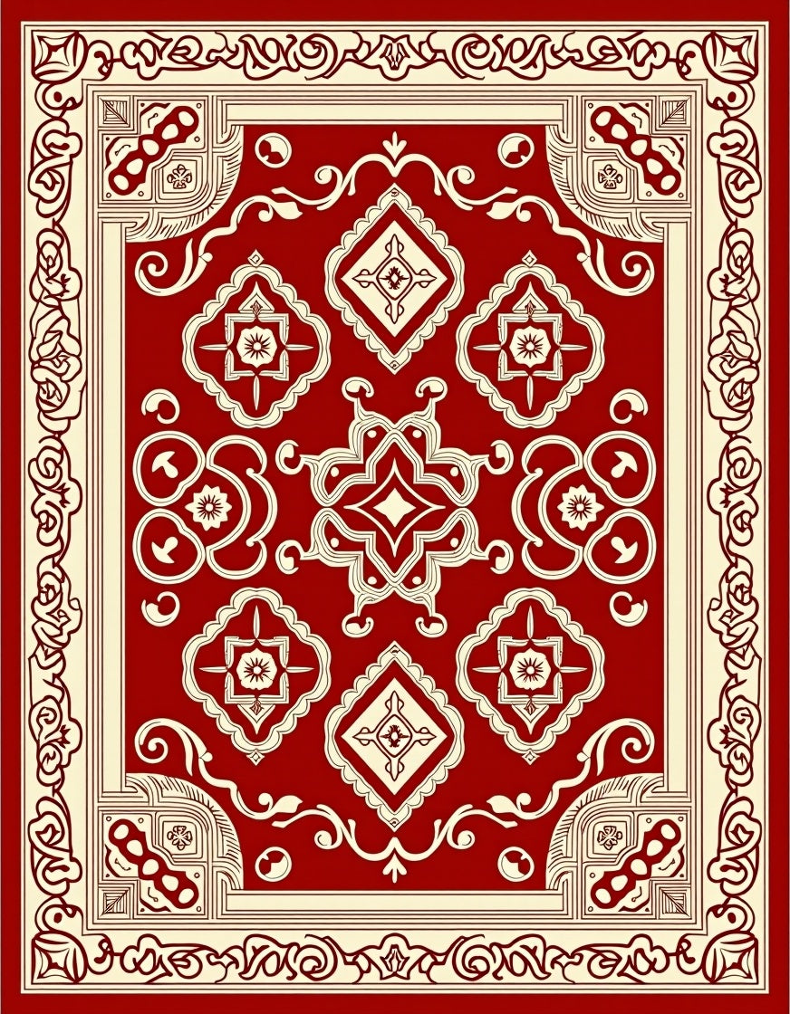 Classic Red Cream Medallion Frame Rug