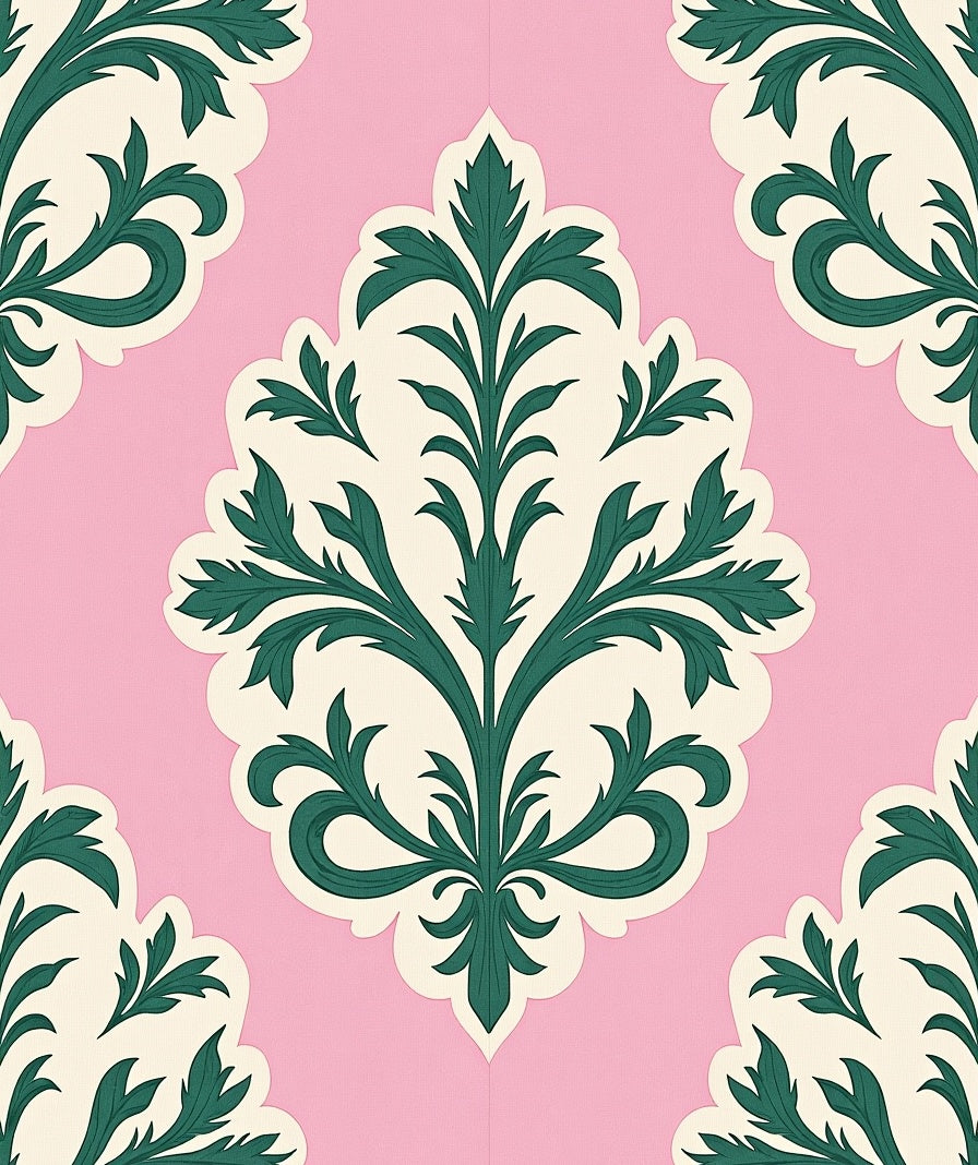 Pink Cream Green Damask Floral Accent Rug