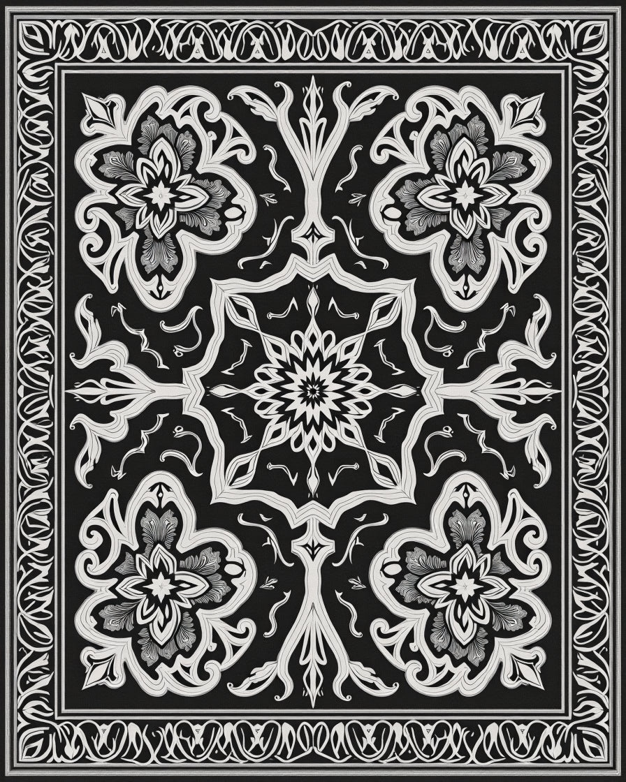 Classic Black White Floral Medallion Square Rug