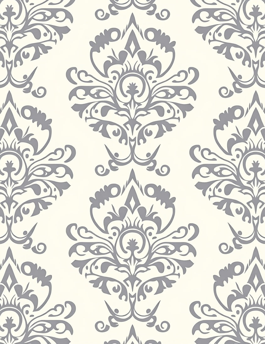 Elegant Ivory Gray Damask Scroll Rug