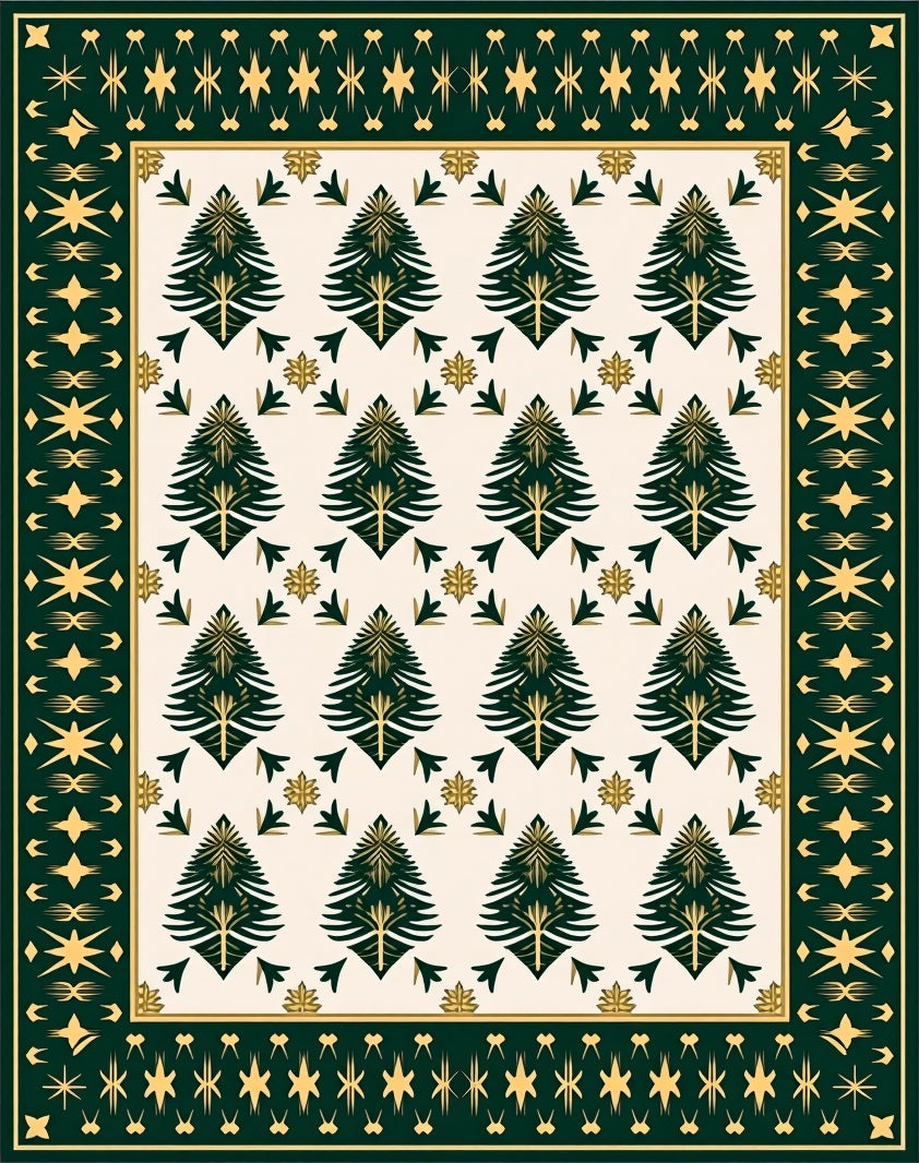 Forest Green Gold Pine Tree Tapestry Rug