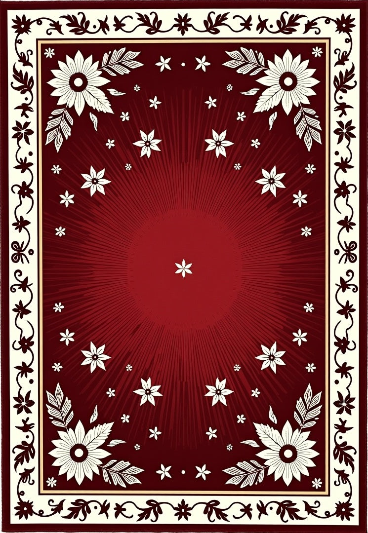 Red Floral Burst Medallion Border Rug