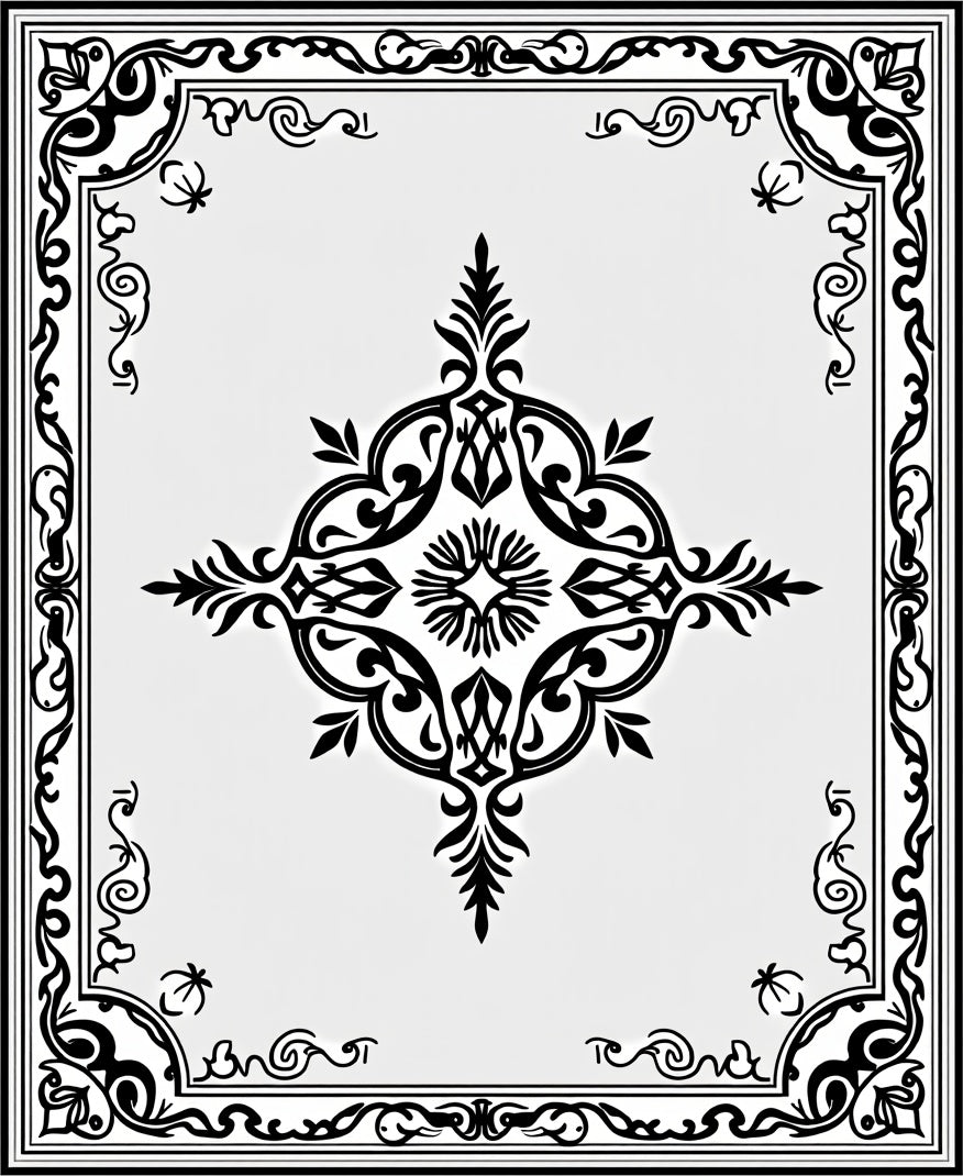 Black Ornate Floral Medallion Border Rug