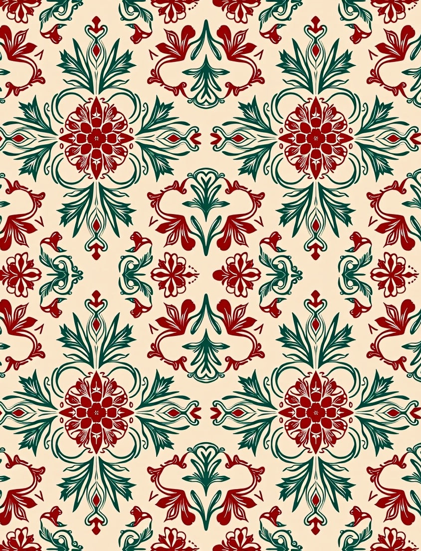 Crimson Green Floral Medallion Damask Rug