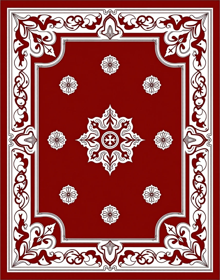 Deep Red Intricate Floral Square Rug