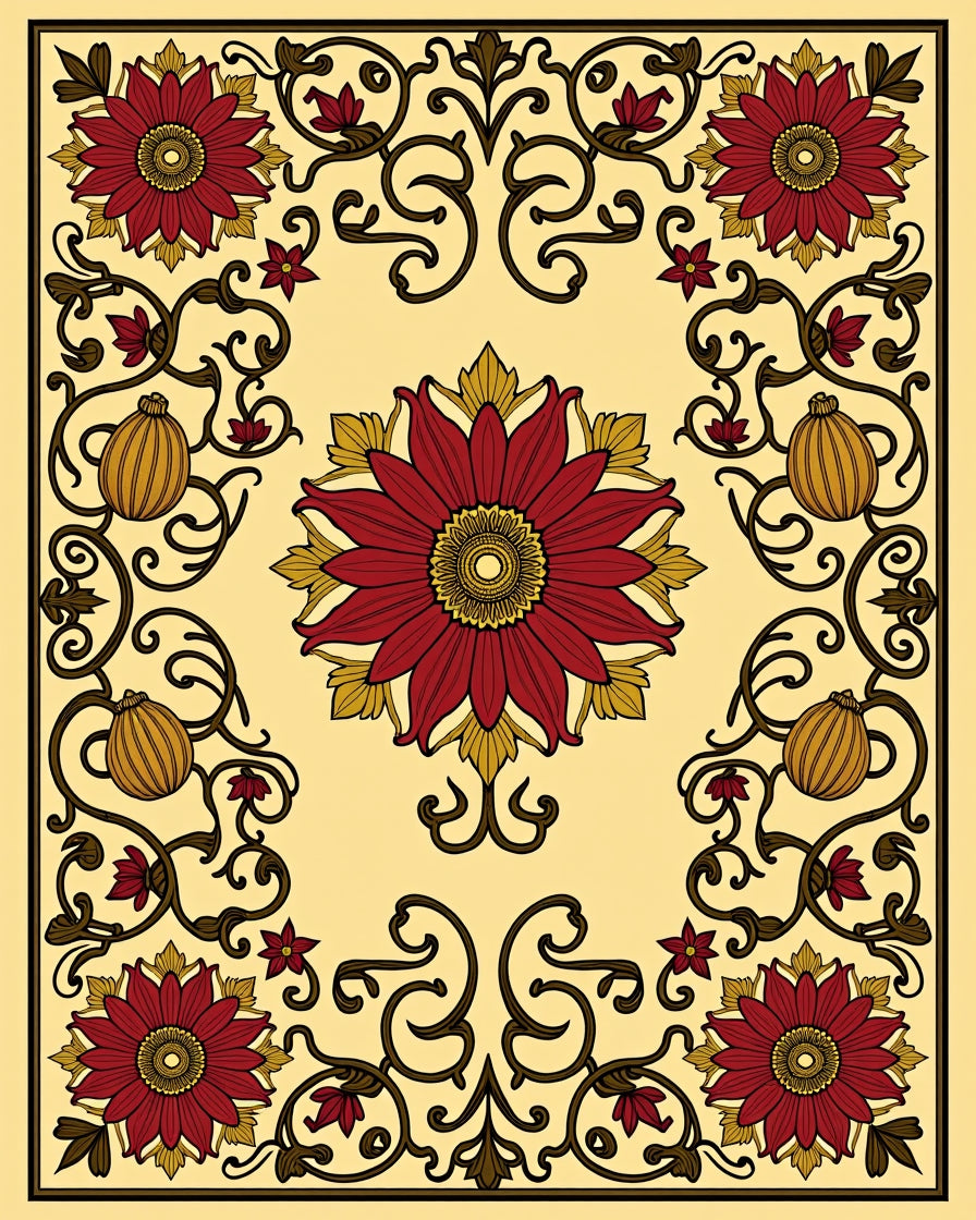 Crimson Floral Scrollwork Amber Gourd Rug