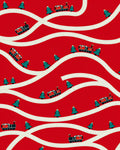 Whimsical red train evergreen forest travel Rug