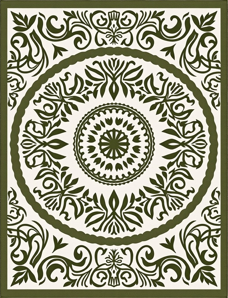 Olive Green Ornate Floral Mandala Rug