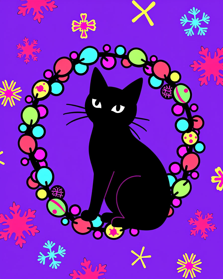 Enigmatic Black Cat Festive Wreath Rug