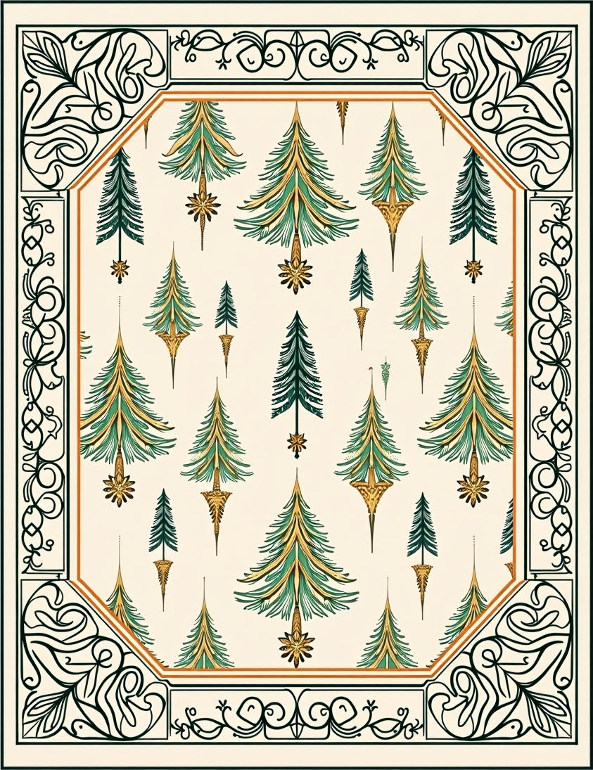 Green and Gold Pine Tree Border Rug