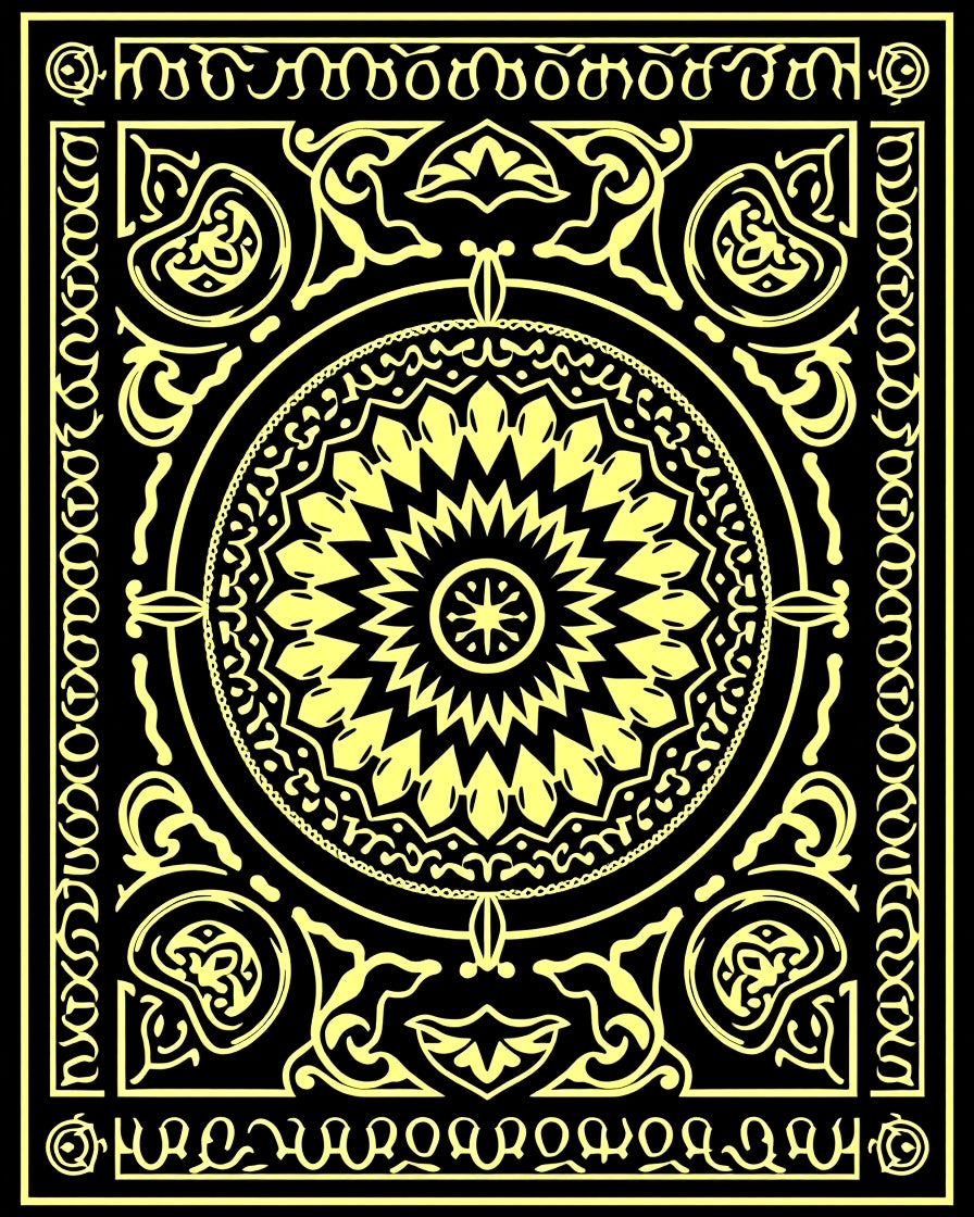 Ornate Yellow Sunburst Mandala Black Rug