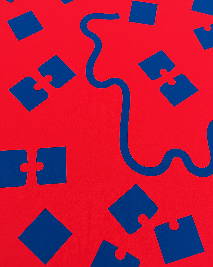 Crimson Blue Puzzle Piece Whimsy Rug