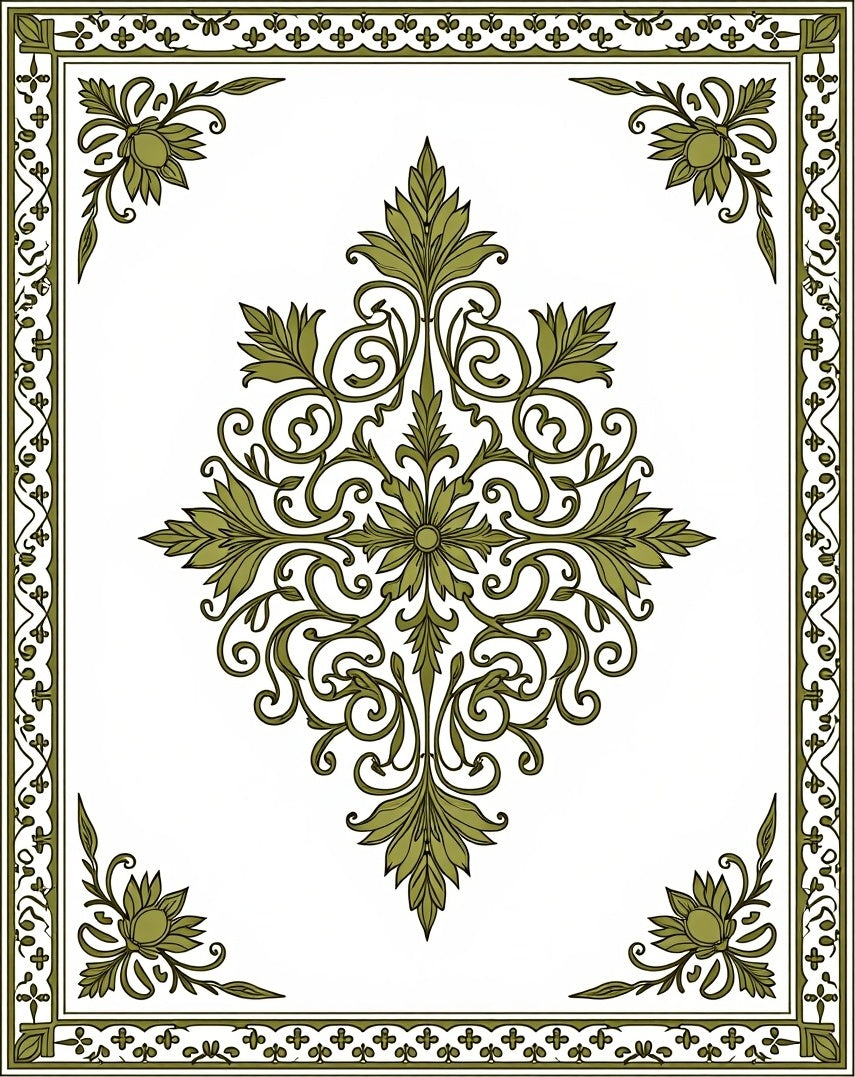 Olive Green Floral Medallion Border Rug