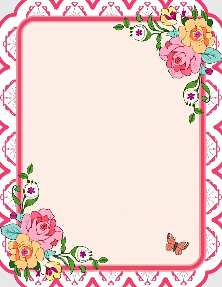 Pink Floral Butterfly Accent Border Rug