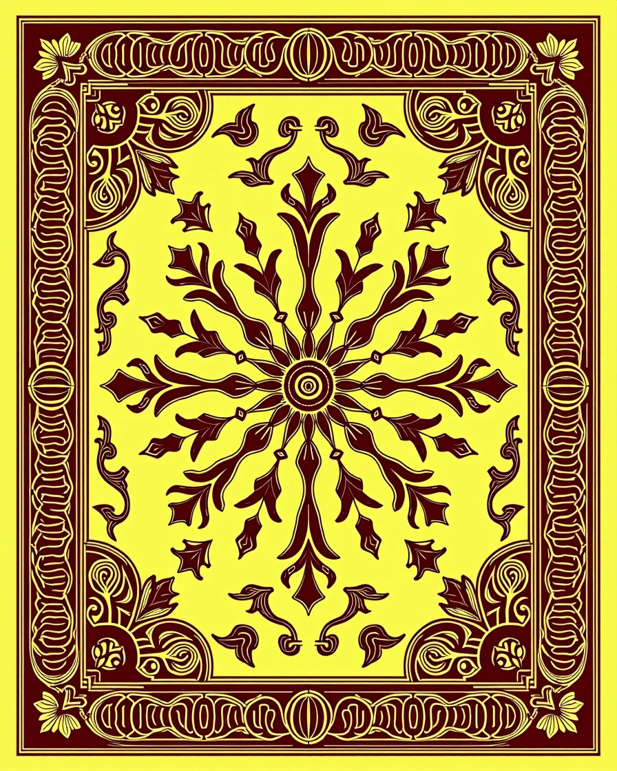 Yellow Burgundy Floral Sunburst Medallion Rug