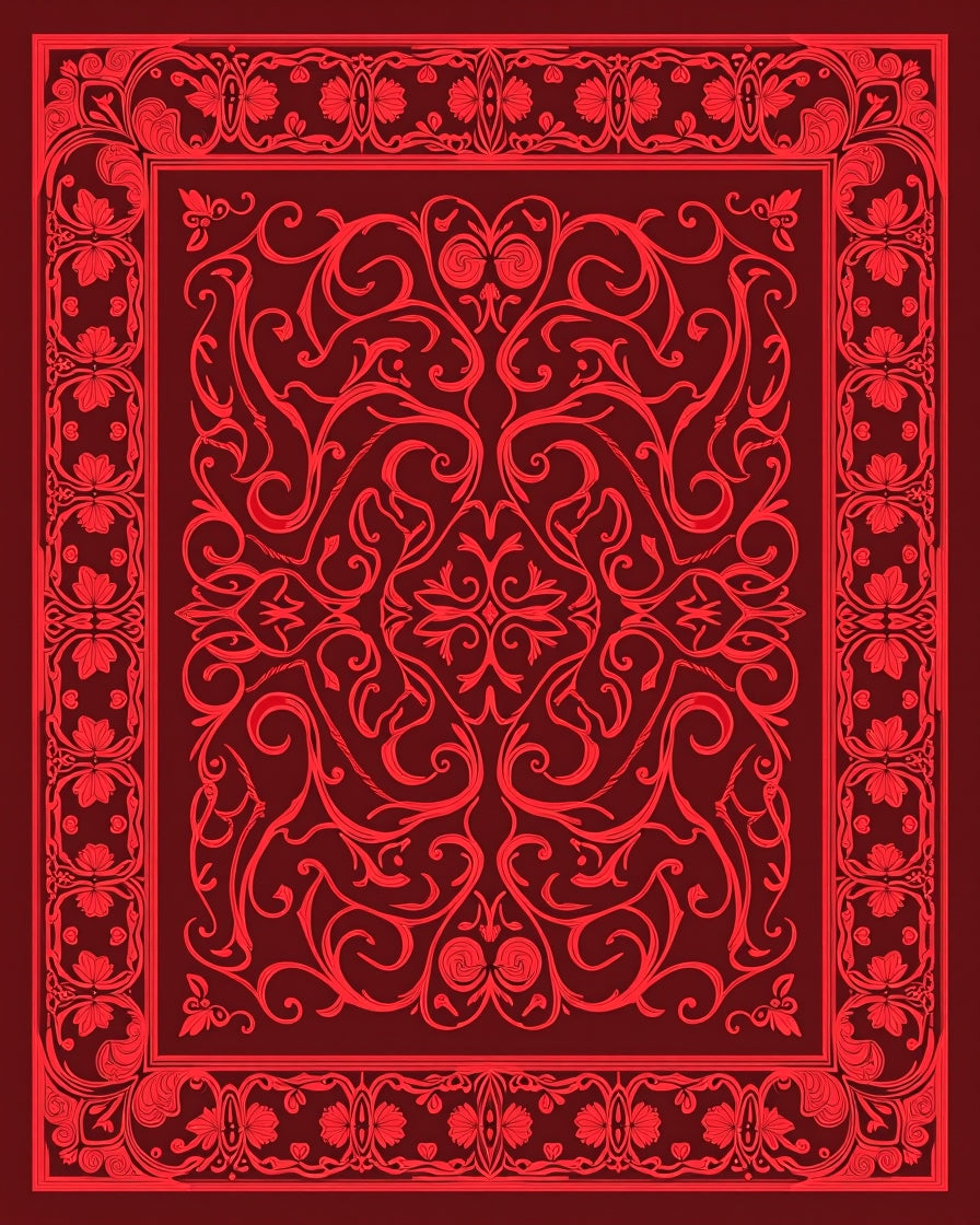 Crimson Red Floral Border Scrollwork Rug