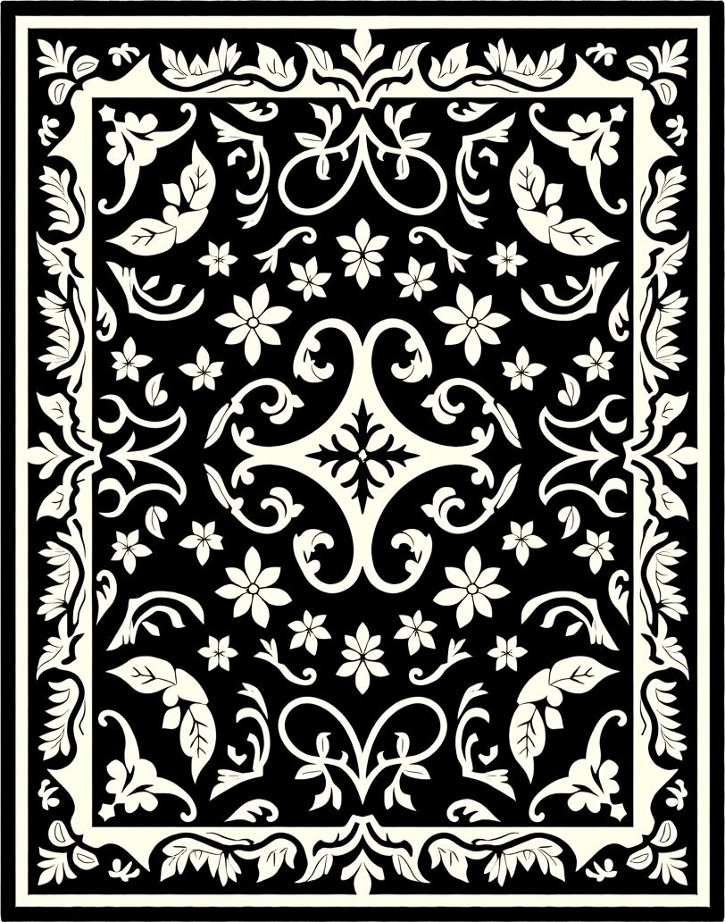 Black Ivory Damask Garden Floral Rug