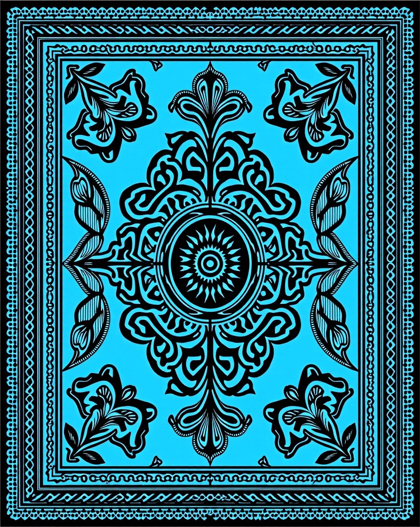 Electric Blue Floral Medallion Tapestry Rug