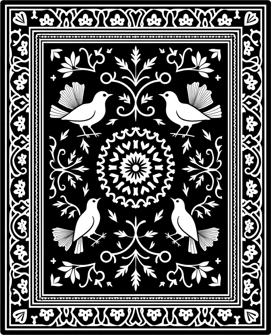 Black and White Bird Floral Medallion Rug