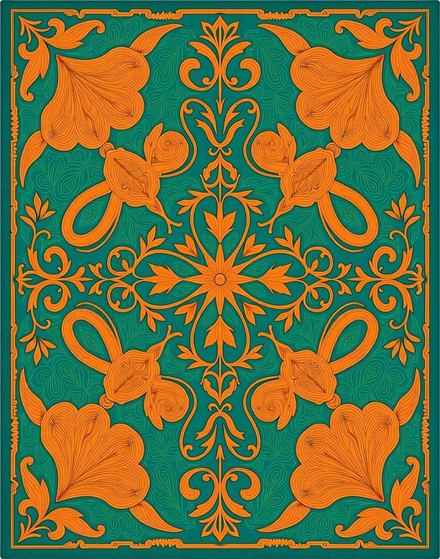 Orange Floral Medallion Green Background Rug