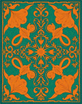 Orange Floral Medallion Green Background Rug