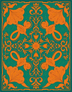 Orange Floral Medallion Green Background Rug