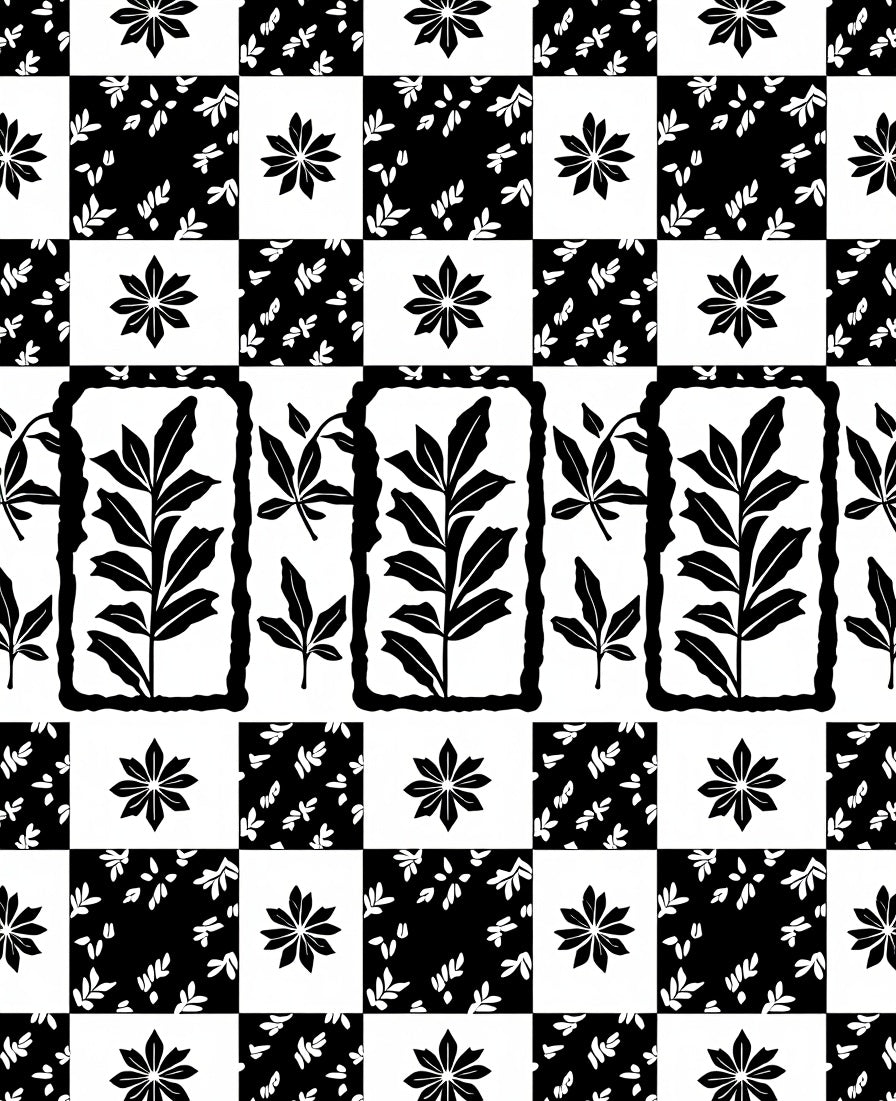 Monochrome Checkerboard Leaf And Flower Rug