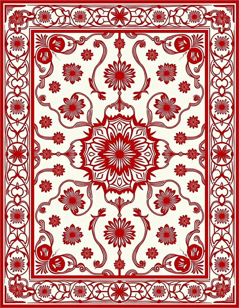 Crimson Intricate Bloom Medallion Border Rug