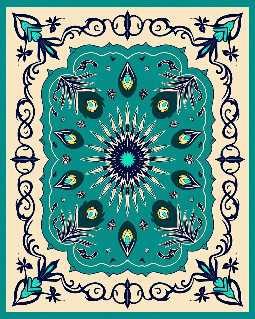 Turquoise Ivory Midnight Floral Mandala Rug