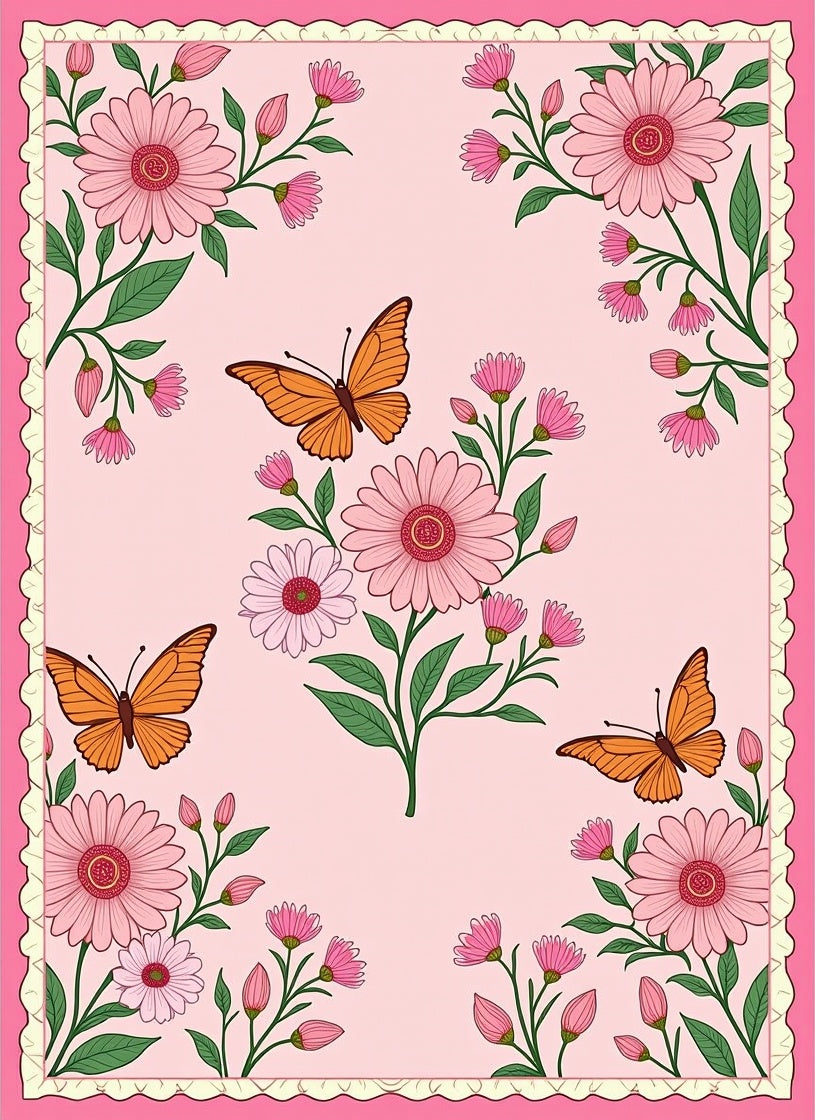 Whimsical Pink Floral Butterfly Garden Rug