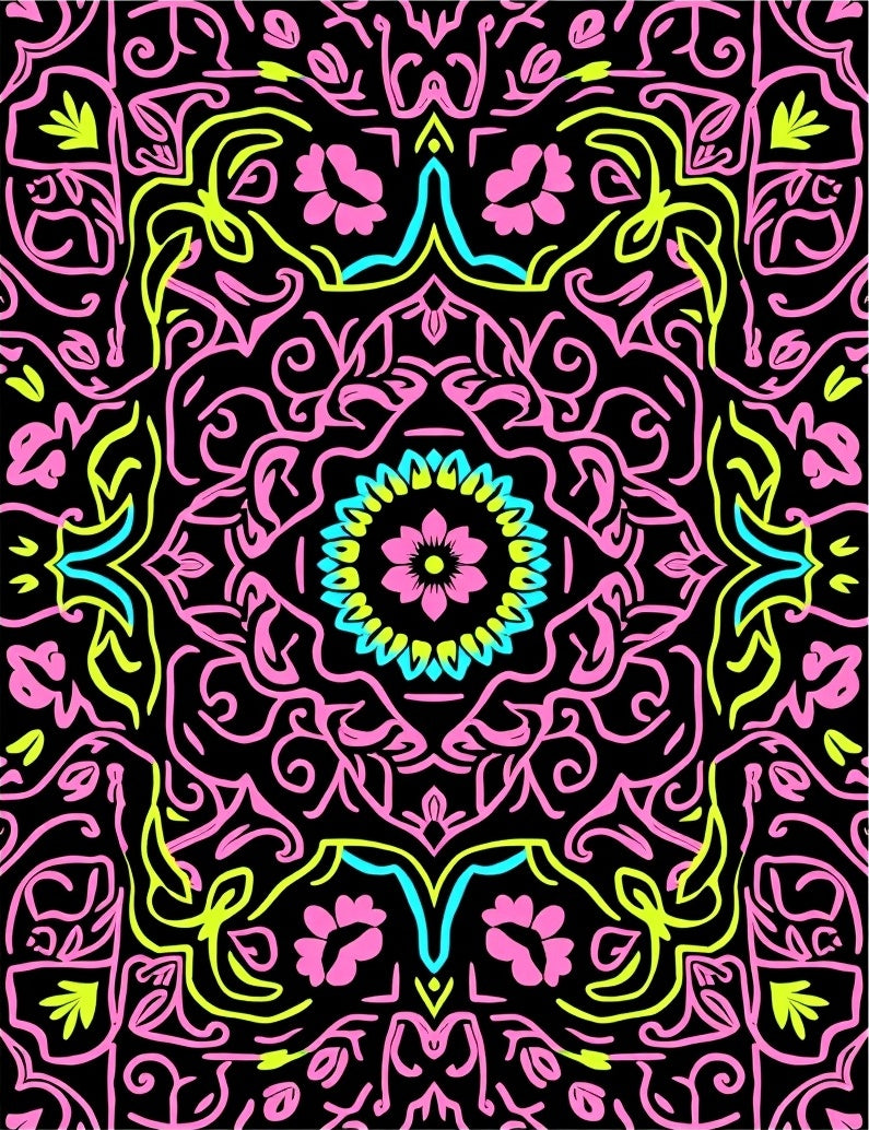 Vibrant Pink Cyan Neon Floral Medallion Rug