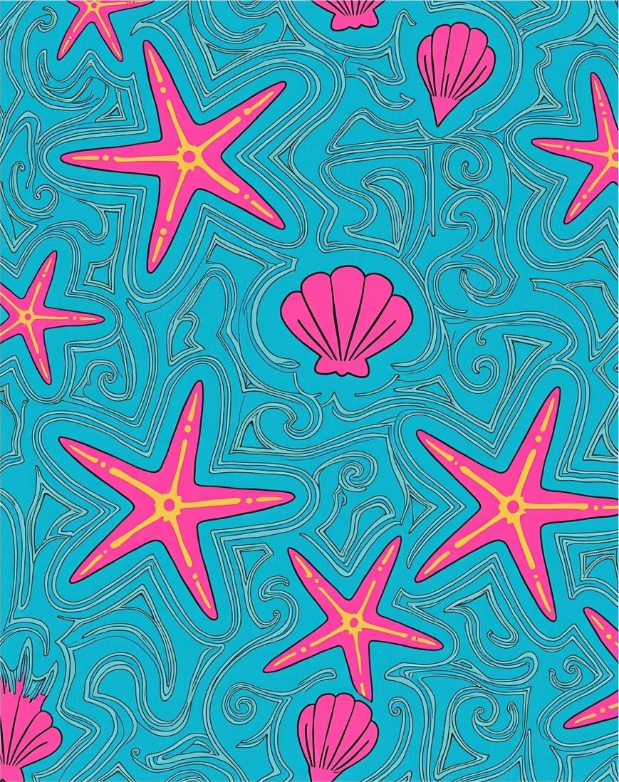 Bright Pink Starfish Seashell Swirls Rug