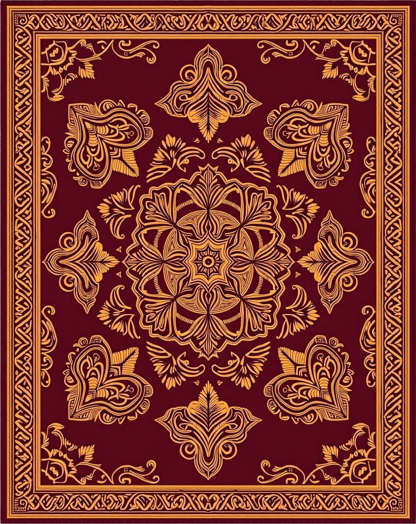 Deep Red Golden Ornate Medallion Rug