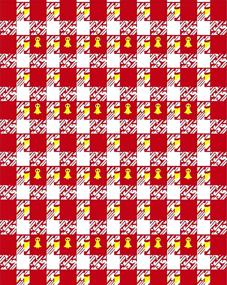Red White Checkerboard Yellow Figures Rug