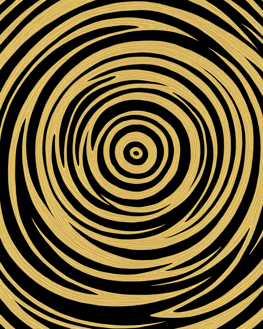 Golden Black Swirling Concentric Rings Rug
