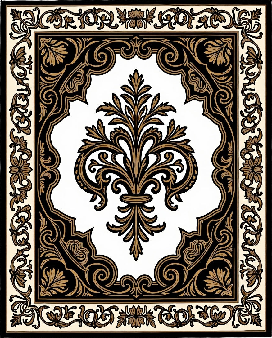 Elegant Black Gold Fleur-de-lis Medallion Rug