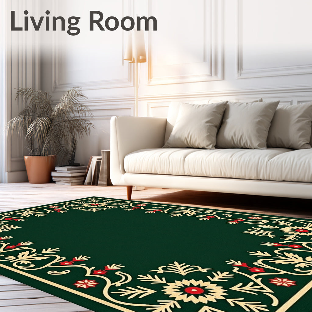 Dark Green Floral Embellished Decorative Rug