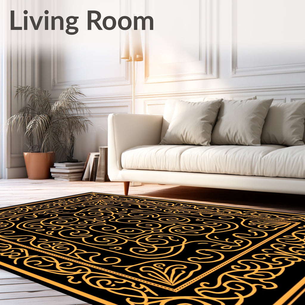 Ornate Golden Scrollwork Intricate Square Rug