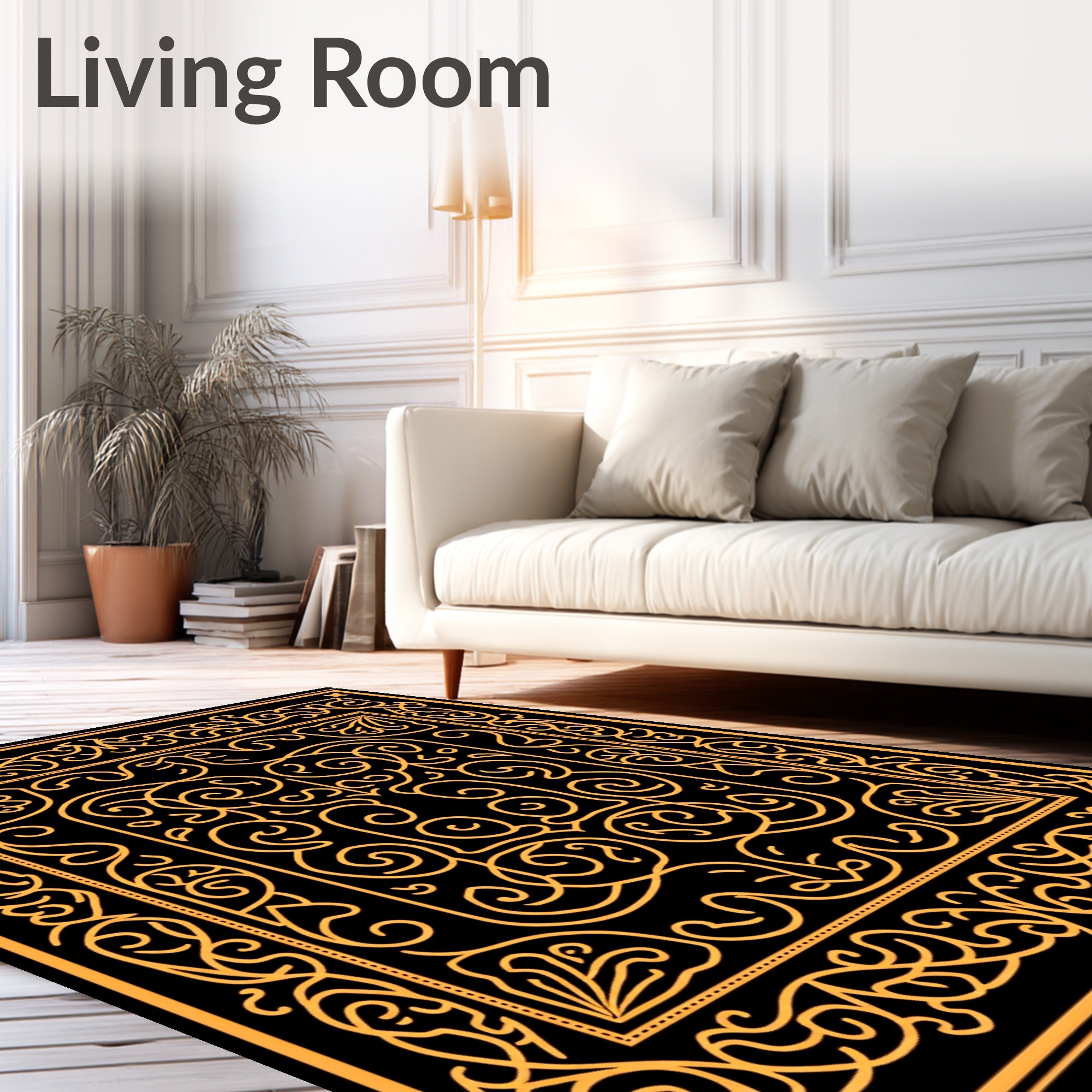Ornate Golden Scrollwork Intricate Square Rug