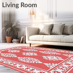 Coral Red White Scroll Medallion Border Rug
