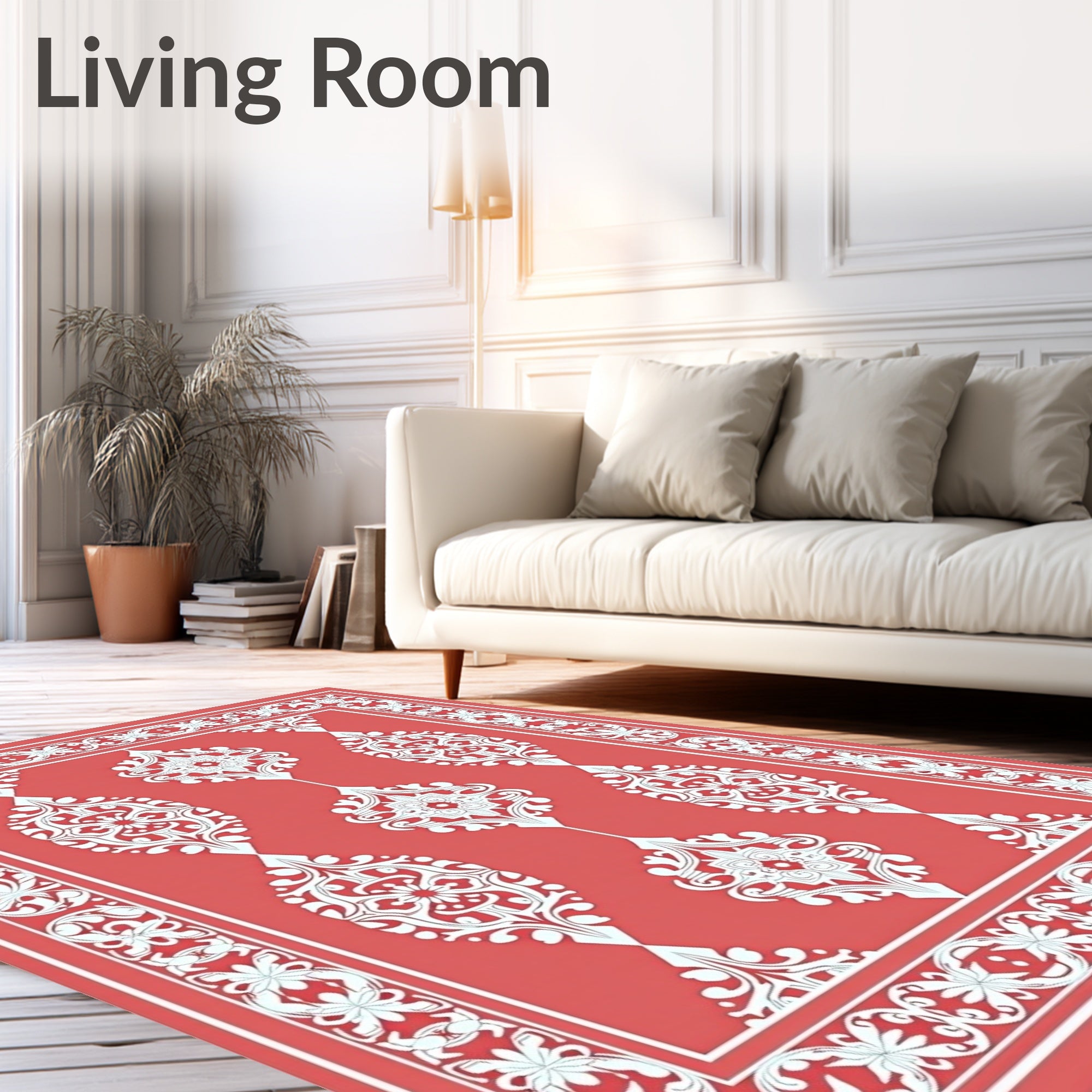Coral Red White Scroll Medallion Border Rug