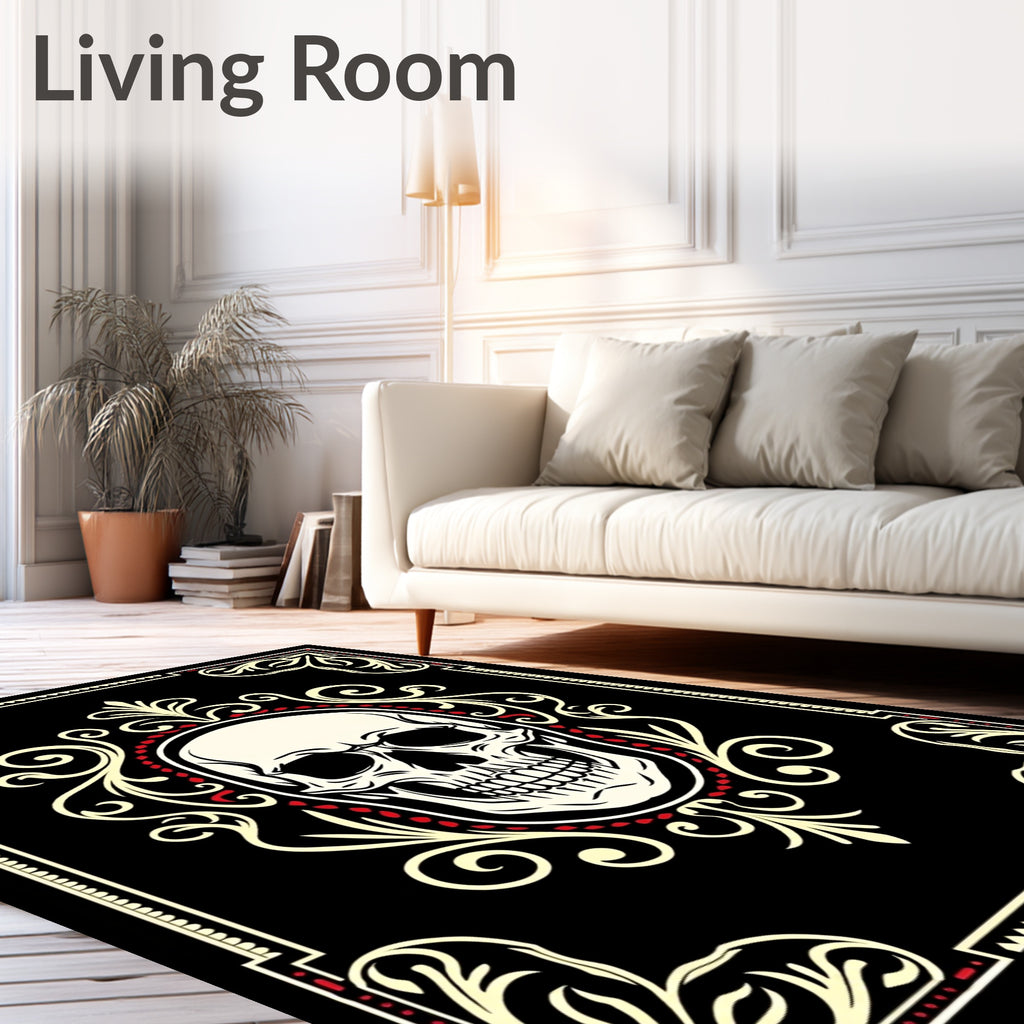 Black Cream Red Skull Ornate Rug