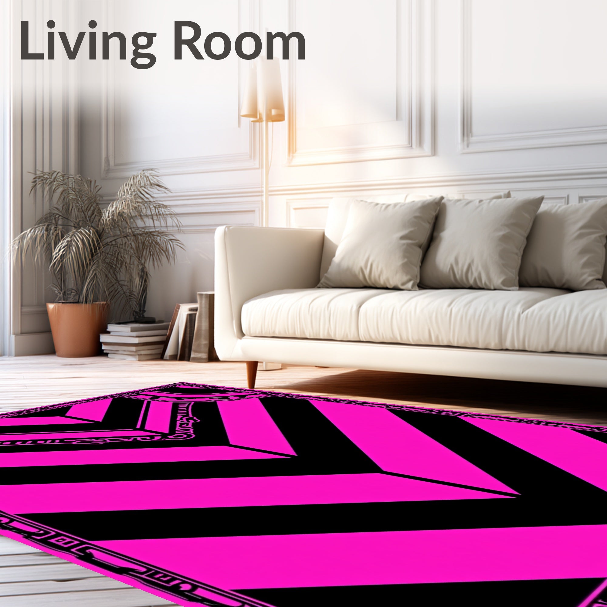 Bold Pink Black Chevron Geometric Frame Rug