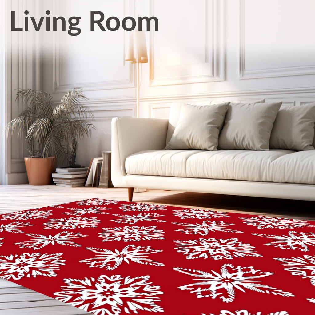 White Festive Snowflake Red Background Rug