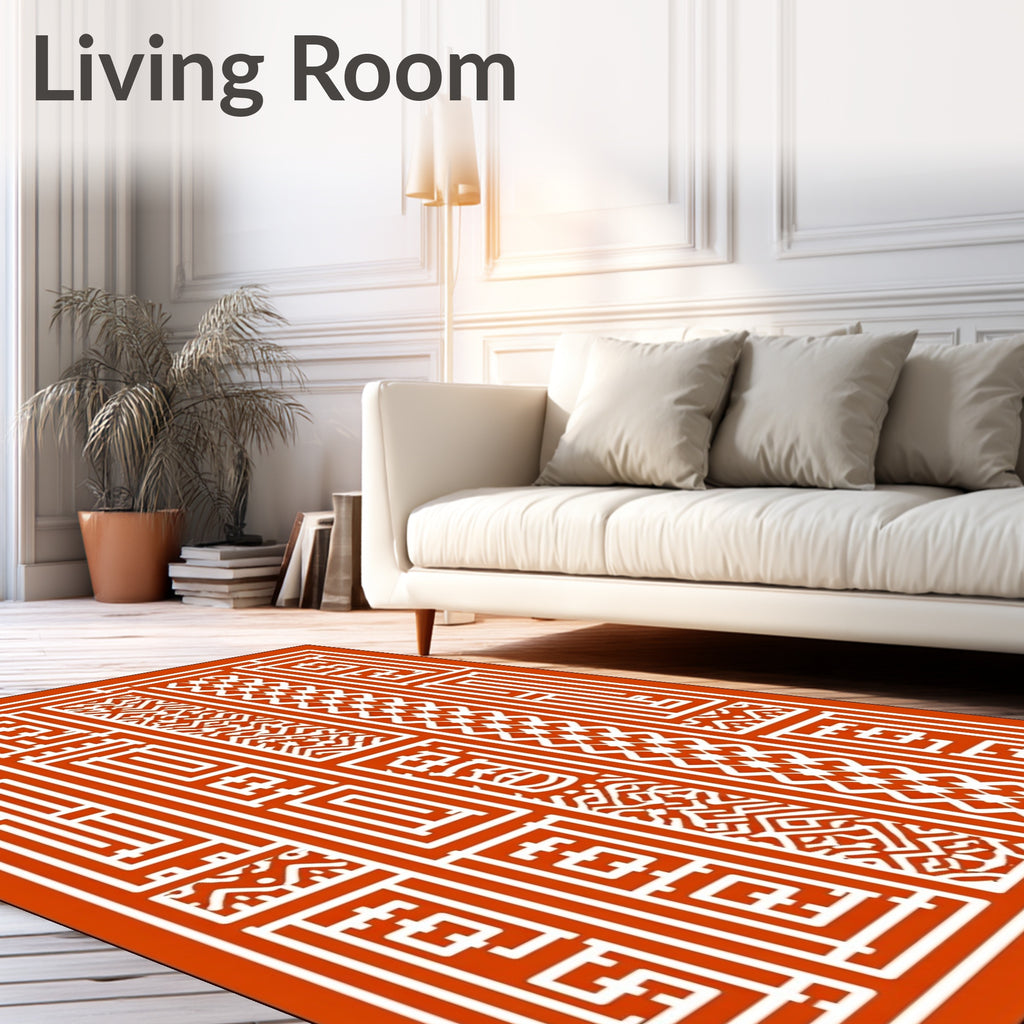 Red White Geometric Maze Panel Rug