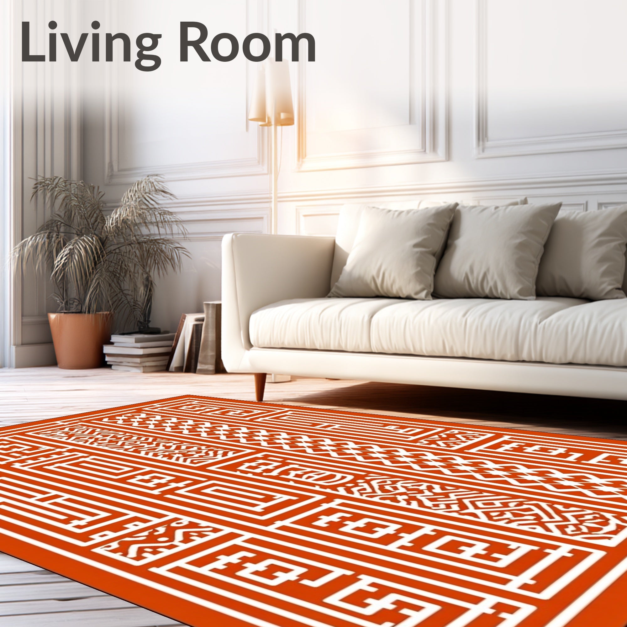 Red White Geometric Maze Panel Rug